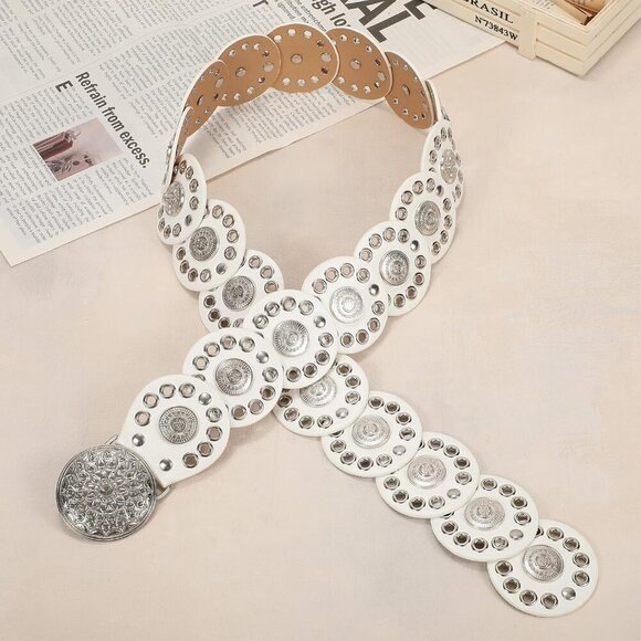 Women Vintage Disc Waist Concho Leather Belt Boho Waist Belt White Silver Buckle